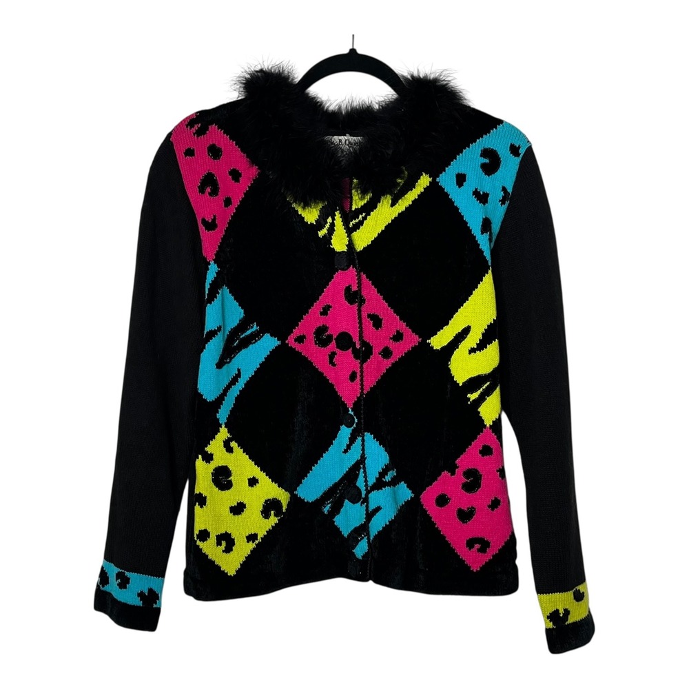 Jack B. Quick Vintage Neon Geometric Animal Print Faux‎ Fur Beaded Cardigan M